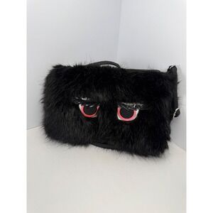HM Divided Monster Eye Faux Fur Crossbody Bag Black Shaggy Small Purse Zip Top